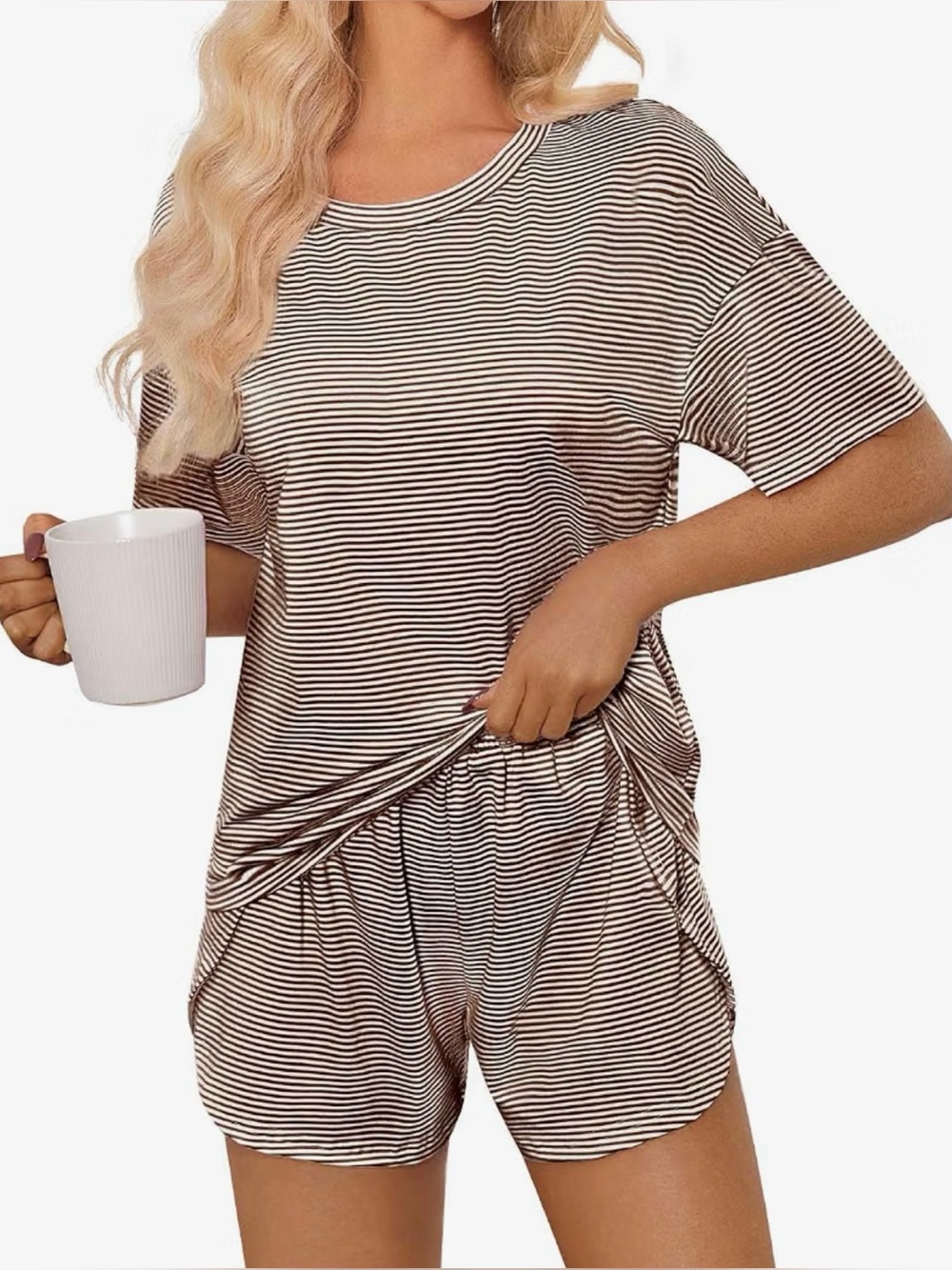 Striped Short Sleeve Lounge Set - Brown/White
